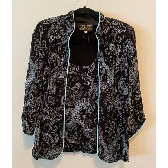 Alex Evenings Black Blue Paisley Print Jacket & Tank Set Medium - Picture 1 of 16